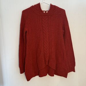 Moth Sweater Womens Large Red Wool Cable Knit Hooded Tunic Pullover Asym Hem